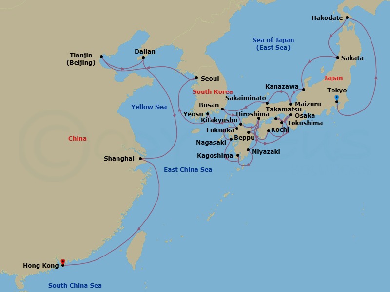 36 Night - Tokyo to Hong Kong Grand Voyage - Azamara Pursuit - Starting in Tokyo, Hakodate, Sakata, Kanazawa, Maizuru, Sakaiminato, Busan, Kitakyushu, Hiroshima, Tokushima, Osaka, Takamatsu, Kochi, Hiroshima, Beppu, Miyazaki (Aburatsu), Kagoshima, Nagasaki, Fukuoka, Yeosu, Seoul (Incheon), Beijing (Tianjin), Dalian, Shanghai, Hong Kong itinerary map