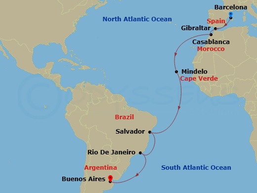 19 Night - Msc World Cruise - MSC Magnifica - Starting in Barcelona, Spain, Gibraltar, Casablanca (Marrakesh), Morocco, Mindelo, Cape Verde, Salvador, Brazil, Rio De Janeiro, Brazil, Buenos Aires, Argentina itinerary map