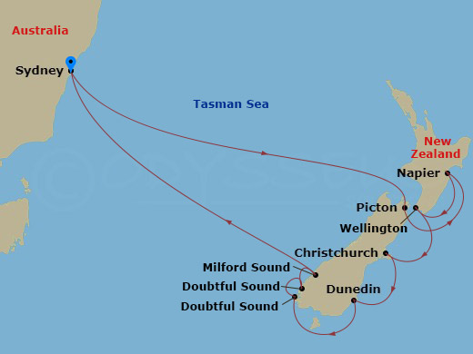 11 Night - New Zealand Cruise - Anthem of the Seas - Starting in Sydney AU, Picton, New Zealand, Napier, New Zealand, Wellington, New Zealand, Christchurch, New Zealand, Dunedin, New Zealand, Dusky Sound, Doubtful Sound, Milford Sound, New Zealand, Sydney AU itinerary map