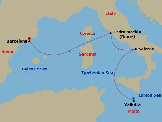 5 Night - Europe - Norwegian Bella - Starting in Valletta, Malta, Amalfi Coast (Salerno), Italy, Civitavecchia Rome, Italy, Barcelona, Spain itinerary map