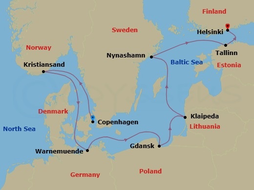 12 Night - Pre Cruisetour Classic and Modern Copehagen - Norwegian Jewel Tours - Starting in At Hotel, Copenhagen, Denmark, Kristiansand, Norway, Warnemunde / Berlin, Germany, Gdynia / Gdansk, Poland, Klaipeda, Lithuania, Nynashamn / Stockholm, Sweden, Tallinn, Estonia, Helsinki, Finland itinerary map