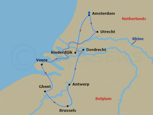 7 Night - Best of Holland & Belgium (New Year's Celebration) - AmaSerena - Starting in Amsterdam, Utrecht, Veere, Ghent, Brussels, Antwerp, Dordrecht, Kinderdijk, Amsterdam itinerary map