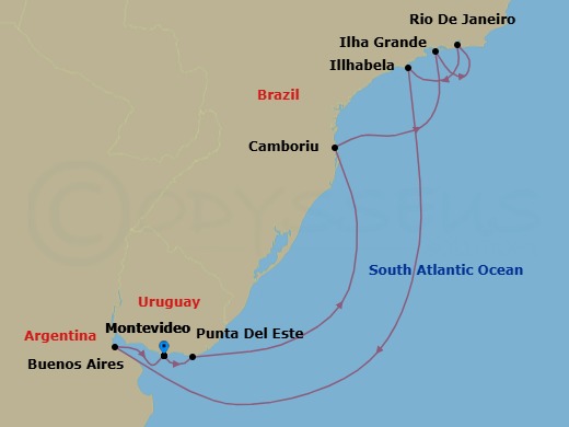 10 Night - South America Roundtrip from Montevideo - Costa Serena - Starting in Montevideo, Uruguay, Punta del Este, Uruguay, Camboriu, Brazil, Baia De Camboriu, Abraao (Ilha Grande), Rio de Janeiro, Brazil, Baia De Copacabana, Ilhabela, Brazil, Buenos Aires, Argentina, Montevideo, Uruguay itinerary map