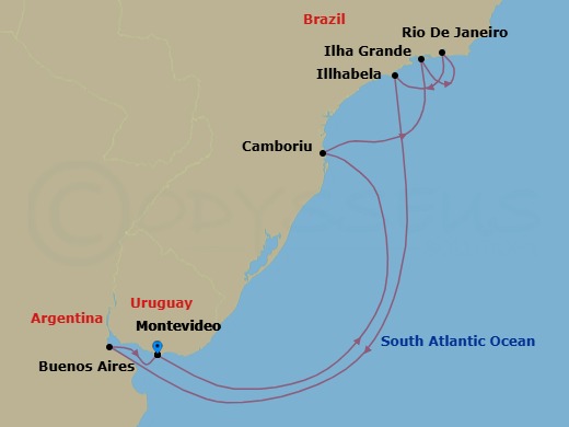 9 Night - South America Roundtrip from Montevideo - Costa Serena - Starting in Montevideo, Uruguay, Camboriu, Brazil, Baia De Camboriu, Abraao (Ilha Grande), Rio de Janeiro, Brazil, Baia De Copacabana, Ilhabela, Brazil, Buenos Aires, Argentina, Montevideo, Uruguay itinerary map