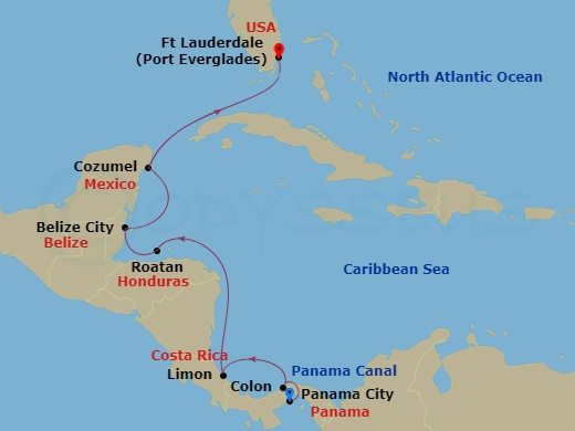 10 Night - Classic Panama Canal Passage - Viking Mars - Starting in Panama City (Fuerte Amador), Scenic Sailing Panama Canal, Colon, Puerto Limon, Sail the Caribbean Sea, Roatan, Belize City, Cozumel, Mexico, Sail the Caribbean Sea, Fort Lauderdale, Florida itinerary map