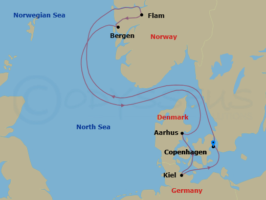 7 Night - Europe Roundtrip from Copenhagen - Costa Diadema - Starting in Copenhagen, Flam, Norway, Bergen, Aarhus, Kiel, Copenhagen itinerary map