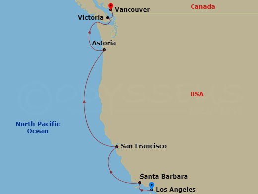 7 Night - Pacific Wine Country - Crown Princess - Starting in Los Angeles, California, Santa Barbara, California, San Francisco, California, Astoria, Oregon, Victoria CA, Vancouver, Canada itinerary map