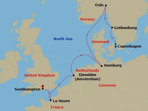 12 Night - Pre Cruisetour Classic and Modern Copehagen - Norwegian Star Tours - Starting in At Hotel, Copenhagen, Denmark, Gothenburg, Sweden, Oslo, Norway, Hamburg, Germany, Amsterdam / Ijmuiden, Netherlands, Le Havre / Paris, France, London (Southampton), United Kingdom itinerary map