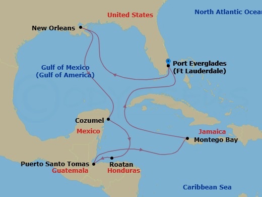 13 Night - The Americas & Caribbean - Crystal Symphony - Starting in Fort Lauderdale, New Orleans, Cozumel, Quintana Roo, Roatan Island, Santo Tomas, Montego Bay, Fort Lauderdale itinerary map