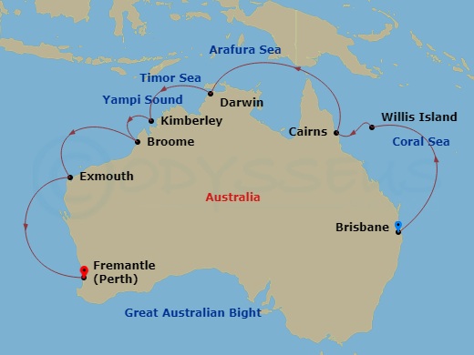 15 Night - Northern Explorer - Sapphire Princess - Starting in Brisbane, Australia, Willis Island (for Service Call), Australia, Cairns, Australia, Darwin, Australia, Kimberley Coast (Scenic Cruising), Australia, Yampi Sound (Scenic Cruising), Broome, Australia, Exmouth, Australia, Perth (Fremantle), Australia itinerary map