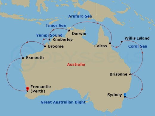 17 Night - Northern Explorer - Sapphire Princess - Starting in Sydney AU, Brisbane, Australia, Willis Island (for Service Call), Australia, Cairns, Australia, Darwin, Australia, Kimberley Coast (Scenic Cruising), Australia, Yampi Sound (Scenic Cruising), Broome, Australia, Exmouth, Australia, Perth (Fremantle), Australia itinerary map