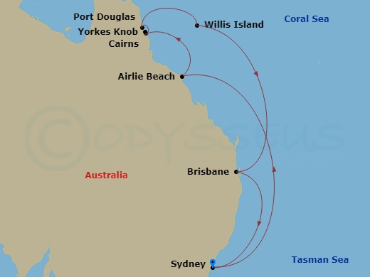 10 Night - Queensland with Great Barrier Reef - Royal Princess - Starting in Sydney AU, Airlie Beach, Australia, Yorkeys Knob (Cairns), Australia, Port Douglas, Australia, Willis Island (for Service Call), Australia, Brisbane, Australia, Sydney AU itinerary map