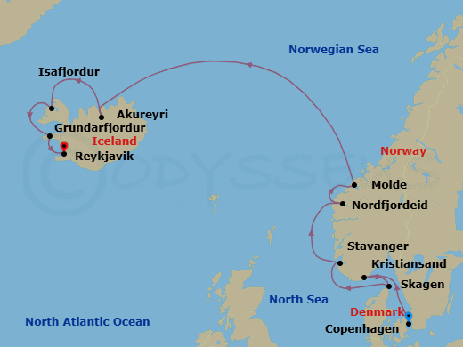10 Night - Norwegian & Icelandic Fjords - Regal Princess - Starting in Copenhagen, Denmark, Kristiansand, Norway, Skagen, Denmark, Stavanger, Norway, Nordfjordeid, Norway, Nordfjord (Scenic Cruising), Norway, Molde, Norway, Akureyri, Iceland, Isafjordur, Iceland, Grundarfjordur, Iceland, Reykjavik, Iceland itinerary map