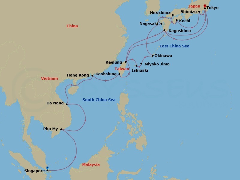 27 Night - Japan & Southeast Asia - Diamond Princess - Starting in Singapore, Ho Chi Minh City (Phu My), Vietnam, Da Nang / Hue (Chan May), Vietnam, Hong Kong, Kaohsiung, Taiwan, Taipei (Keelung), Kagoshima, Japan, Tokyo, Japan, Kagoshima, Japan, Taipei (Keelung), Ishigaki, Japan, Miyakojima, Japan, Okinawa, Japan, Nagasaki, Japan, Kanmon Straits (Scenic Cruising), Japan, Hiroshima, Japan, Kochi, Japan, Shimizu (for Mount Fuji), Japan, Tokyo, Japan itinerary map