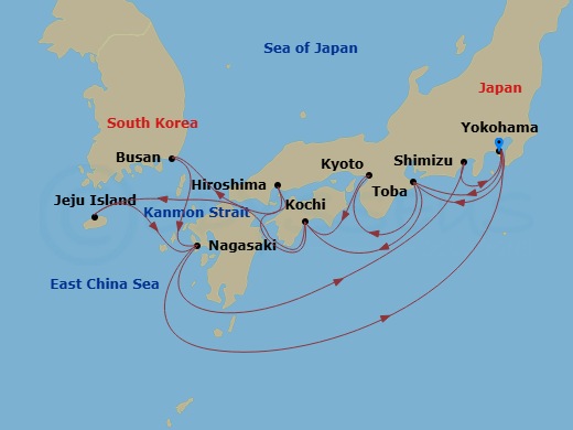 17 Night - Grand Japan - Diamond Princess - Starting in Tokyo (Yokohama), Japan, Toba, Japan, Osaka (for Kyoto), Japan, Kochi, Japan, Hiroshima, Japan, Kanmon Straits (Scenic Cruising), Japan, Busan, South Korea, Nagasaki, Japan, Shimizu (for Mount Fuji), Japan, Tokyo (Yokohama), Japan, Toba, Japan, Kochi, Japan, Kanmon Straits (Scenic Cruising), Japan, Jeju (Seogwipo), South Korea, Nagasaki, Japan, Tokyo (Yokohama), Japan itinerary map