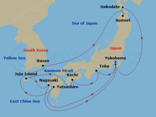15 Night - Grand Circle Japan with Nebuta & Summer Festivals - Diamond Princess - Starting in Tokyo (Yokohama), Japan, Toba, Japan, Kochi, Japan, Kanmon Straits (Scenic Cruising), Japan, Jeju (Seogwipo), South Korea, Nagasaki, Japan, Tokyo (Yokohama), Japan, Yatsushiro, Japan, Busan, South Korea, Aomori, Japan, Hakodate, Japan, Tokyo (Yokohama), Japan itinerary map