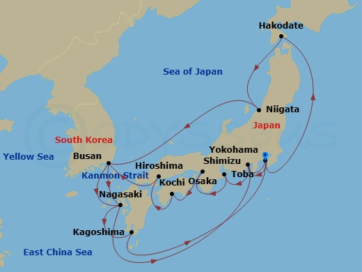 19 Night - Grand Circle Japan - Diamond Princess - Starting in Tokyo (Yokohama), Japan, Hakodate, Japan, Niigata, Japan, Busan, South Korea, Nagasaki, Japan, Kagoshima, Japan, Tokyo (Yokohama), Japan, Toba, Japan, Osaka (for Kyoto), Japan, Kochi, Japan, Hiroshima, Japan, Kanmon Straits (Scenic Cruising), Japan, Busan, South Korea, Nagasaki, Japan, Shimizu (for Mount Fuji), Japan, Tokyo (Yokohama), Japan itinerary map