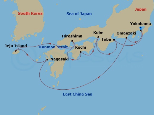 10 Night - Japan Explorer - Diamond Princess - Starting in Tokyo (Yokohama), Japan, Toba, Japan, Kobe (for Kyoto), Japan, Kochi, Japan, Hiroshima, Japan, Kanmon Straits (Scenic Cruising), Japan, Jeju (Seogwipo), South Korea, Nagasaki, Japan, Omaezaki, Japan, Tokyo (Yokohama), Japan itinerary map