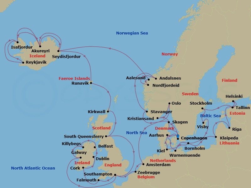 48 Night - Ultimate European Journey - Caribbean Princess - Starting in Copenhagen, Denmark, Aarhus, Denmark, Warnemunde (for Berlin), Germany, Bornholm, Denmark, Klaipeda, Lithuania, Riga, Latvia, Tallinn, Estonia, Helsinki, Finland, Tallinn, Estonia, Stockholm, Sweden, Visby, Sweden, Bornholm, Denmark, Kiel (Hamburg), Germany, Aarhus, Denmark, Copenhagen, Denmark, Skagen, Denmark, Stavanger, Norway, Romsdalsfjord (Scenic Cruising), Andalsnes, Norway, Nordfjordeid, Norway, Nordfjord (Scenic Cruising), Norway, Alesund, Norway, Seydisfjordur, Iceland, Akureyri, Iceland, Isafjordur, Iceland, Reykjavik, Iceland, Isafjordur, Iceland, Akureyri, Iceland, Seydisfjordur, Iceland, Runavik, Faroe Islands, Orkney Islands (Kirkwall), Scotland, Edinburgh (South Queensferry), Scotland, Southampton (for London), England, Cornwall (Falmouth), England, Cork, Ireland (Cobh / for Blarney Castle), Dublin (Dun Laoghaire), Ireland, Belfast, Northern Ireland, Killybegs, Ireland, Galway, Ireland, Southampton (for London), England, Zeebrugge (for Brussels / Bruges), Belgium, Amsterdam, Netherlands, Oslo, Norway, Oslofjord (Scenic Cruising), Kristiansand, Norway, Skagen, Denmark, Copenhagen, Denmark itinerary map