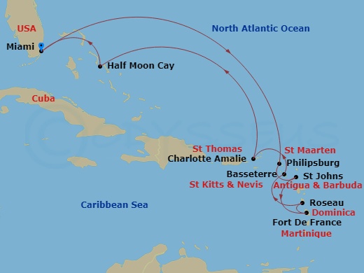 11 Night - Eastern Caribbean : Windward & Leeward Islands - Zuiderdam - Starting in Miami, Florida, Philipsburg, Sint Maarten, St Johns AG, Antigua, Fort-De-France, Martinique, Roseau, Dominica, Basseterre, St Kitts and Nevis, St Thomas, US Virgin Islands, RelaxAway, Half Moon Cay, Bahamas, Miami, Florida itinerary map