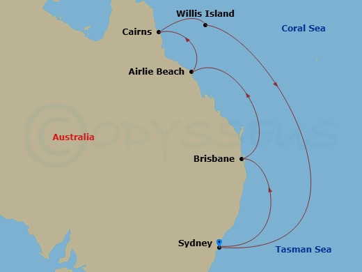 9 Night - Queensland with Great Barrier Reef - Grand Princess - Starting in Sydney AU, Brisbane, Australia, Airlie Beach, Australia, Cairns, Australia, Willis Island (for Service Call), Australia, Sydney AU itinerary map