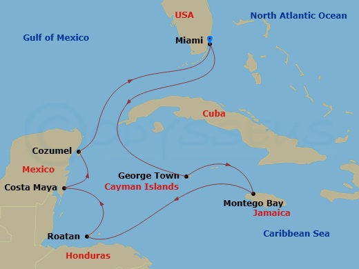 9 Night - Western Caribbean - Queen Elizabeth - Starting in Miami, FL, Grand Cayman, Cayman Islands, Montego Bay, Jamaica, Roatan, Honduras, Costa Maya, Mexico, Cozumel, Mexico, Miami, FL itinerary map