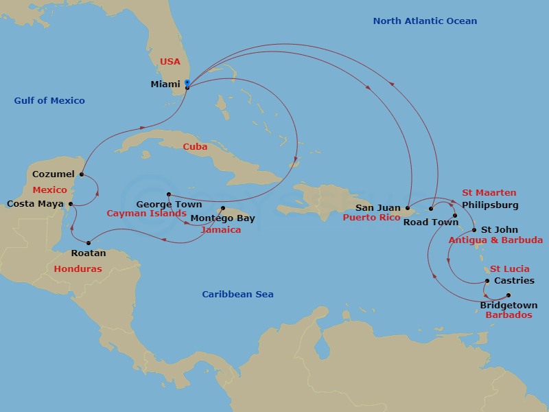 21 Night - Caribbean Roundtrip from Miami - Queen Elizabeth - Starting in Miami, FL, Grand Cayman, Cayman Islands, Montego Bay, Jamaica, Roatan, Honduras, Costa Maya, Mexico, Cozumel, Mexico, Miami, FL, San Juan, Puerto Rico, St Johns AG, Antigua, Castries, St Lucia, Bridgetown, Barbados, Philipsburg, St Maarten, Road Town, Tortola, Miami, FL itinerary map