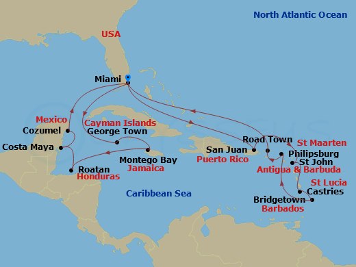 21 Night - Caribbean Roundtrip from Miami - Queen Elizabeth - Starting in Miami, FL, San Juan, Puerto Rico, St Johns AG, Antigua, Castries, St Lucia, Bridgetown, Barbados, Philipsburg, St Maarten, Road Town, Tortola, Miami, FL, Grand Cayman, Cayman Islands, Montego Bay, Jamaica, Roatan, Honduras, Costa Maya, Mexico, Cozumel, Mexico, Miami, FL itinerary map