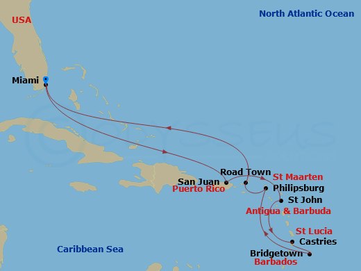 12 Night - Eastern Caribbean - Queen Elizabeth - Starting in Miami, FL, San Juan, Puerto Rico, St Johns AG, Antigua, Castries, St Lucia, Bridgetown, Barbados, Philipsburg, St Maarten, Road Town, Tortola, Miami, FL itinerary map