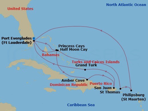 14 Night - Eastern Caribbean Adventurer with Celebration Key - Star Princess - Starting in Fort Lauderdale, Florida, Relaxaway, Half Moon Cay, St Thomas, US Virgin Islands, St Maarten, Fort Lauderdale, Florida, Celebration Key, Bahamas, Amber Cove, Dominican Republic, San Juan, Puerto Rico, Grand Turk, Turks and Caicos, Fort Lauderdale, Florida itinerary map