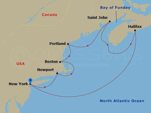7 Night - Canada & New England with Saint John - Regal Princess - Starting in New York City (Manhattan or Brooklyn), New York, Newport, Rhode Island, Boston, Massachusetts, Portland ME, Saint John NB (Bay of Fundy), Halifax, Canada, New York City (Manhattan or Brooklyn), New York itinerary map