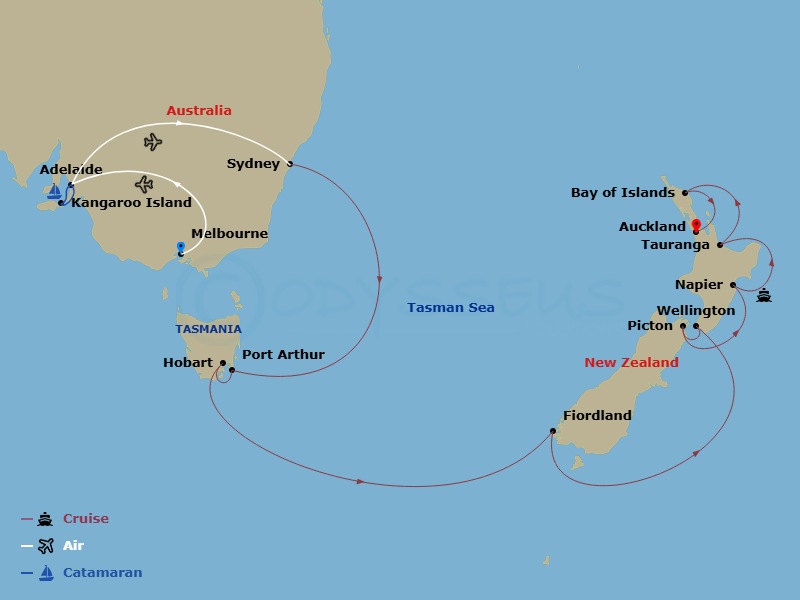 21 Night - Southern Australia - Tour 1D - Royal Princess Tours - Starting in Melbourne, Australia, Adelaide, Australia, Kangaroo Island, Adelaide, Australia, Sydney AU, Port Arthur, Australia, Hobart, Australia, Fiordland National Park (Scenic Cruising), Wellington, New Zealand, Picton, New Zealand, Napier, New Zealand, Tauranga, New Zealand, Bay of Islands, New Zealand, Auckland, New Zealand itinerary map