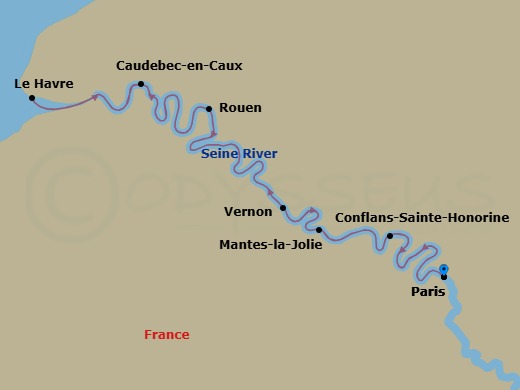 10 Night - Paris, Normandy & Historic Treasures of the Seine - MS Jane Austen - Starting in Paris, France, Conflans-Sainte-Honorine, France, Rouen, France, Le Havre, France, Caudebec-en-Caux, France, Vernon, France, Mantes-la-Jolie, France, Paris, France itinerary map