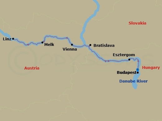 7 Night - Christmas On the Danube - MS Geoffrey Chaucer - Starting in Budapest, Hungary, Esztergom, Hungary, Bratislava, Slovakia, Melk, Austria, Linz or Salzburg, Austria, Vienna, Austria, Danube River, Budapest, Hungary itinerary map