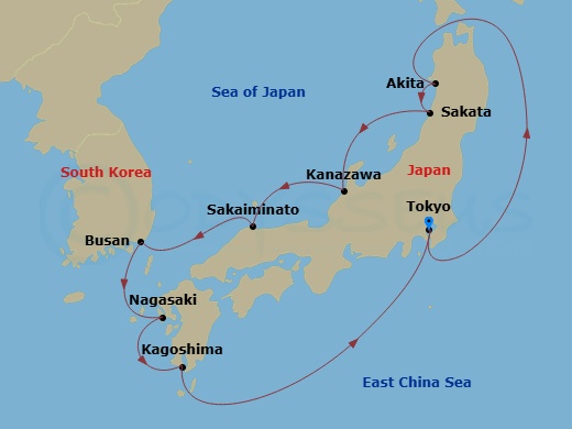 11 Night - Circle Japan with Summer Festivals - Sapphire Princess - Starting in Tokyo, Japan, Akita, Japan, Sakata, Japan, Kanazawa, Japan, Sakaiminato, Japan, Busan, South Korea, Nagasaki, Japan, Kagoshima, Japan, Tokyo, Japan itinerary map