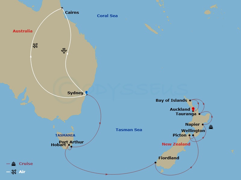 19 Night - Tropical Highlights - Tour 2C - Royal Princess Tours - Starting in Sydney AU, Cairns, Australia, Sydney AU, Port Arthur, Australia, Hobart, Australia, Fiordland National Park (Scenic Cruising), Wellington, New Zealand, Picton, New Zealand, Napier, New Zealand, Tauranga, New Zealand, Bay of Islands, New Zealand, Auckland, New Zealand itinerary map