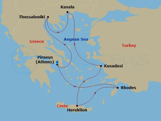 11 Night - Best of Greece Cruise - Celebrity Infinity - Starting in Athens (Piraeus), Greece, Thessaloniki, Greece, Kavala, Greece, Ephesus (Kusadasi), Turkey, Heraklion (Iraklion), Crete, Rhodes, Greece, Athens (Piraeus), Greece itinerary map