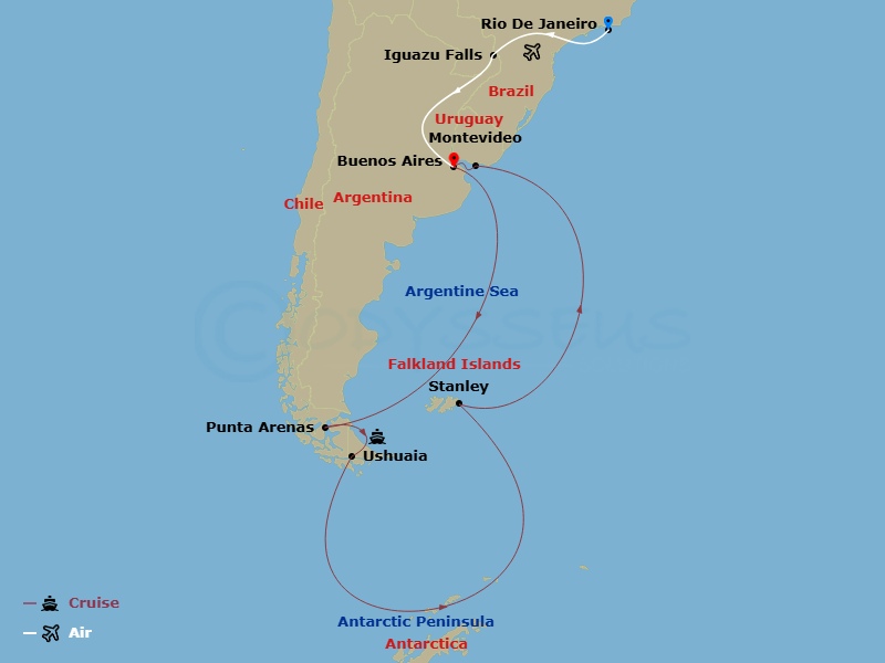 22 Night - Iguazu Falls Adventure - Tour 1A - Majestic Princess Tours - Starting in Rio De Janeiro, Brazil, Iguazu Falls, Brazil, Buenos Aires, Argentina, Punta Arenas, Chile, Ushuaia (Tierra del Fuego), Argentina, Antarctic Peninsula (Scenic Cruising), Port Stanley, Falkland Islands, Montevideo, Uruguay, Buenos Aires, Argentina itinerary map