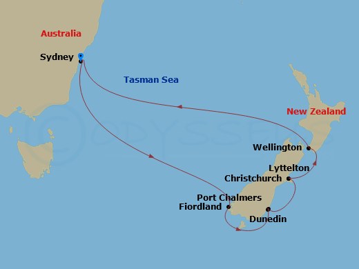 10 Night - Journeys - New Zealand - Carnival Splendor - Starting in Sydney AU, Cruise Fiordland National Park, Port Chalmers (Dunedin), Nz, Lyttelton (Christchurch), Nz, Wellington, New Zealand, Sydney AU itinerary map