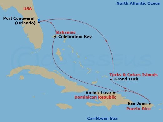 7 Night - Eastern Caribbean with Puerto Rico & Celebration Key - Sun Princess - Starting in Port Canaveral (Orlando), Florida, Celebration Key, Bahamas, Amber Cove, Dominican Republic, San Juan, Puerto Rico, Grand Turk, Turks and Caicos, Port Canaveral (Orlando), Florida itinerary map