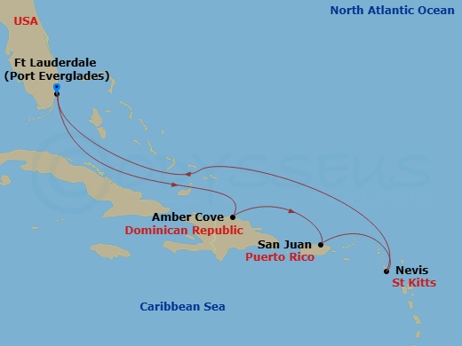 7 Night - Eastern Caribbean with St. Kitts - Sky Princess - Starting in Fort Lauderdale, Florida, Amber Cove, Dominican Republic, San Juan, Puerto Rico, St Kitts, Fort Lauderdale, Florida itinerary map