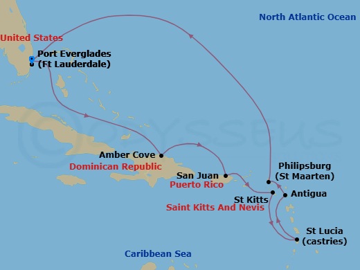 10 Night - Southern Caribbean with St. Lucia - Enchanted Princess - Starting in Fort Lauderdale, Florida, Amber Cove, Dominican Republic, San Juan, Puerto Rico, St Kitts, St Lucia, Antigua, St Maarten, Fort Lauderdale, Florida itinerary map