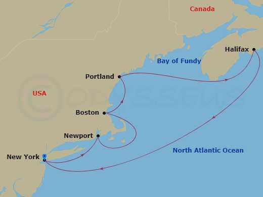 7 Night - Best of Canada & New England - Regal Princess - Starting in New York City (Manhattan or Brooklyn), New York, Newport, Rhode Island, Boston, Massachusetts, Portland ME, Halifax, Canada, New York City (Manhattan or Brooklyn), New York itinerary map