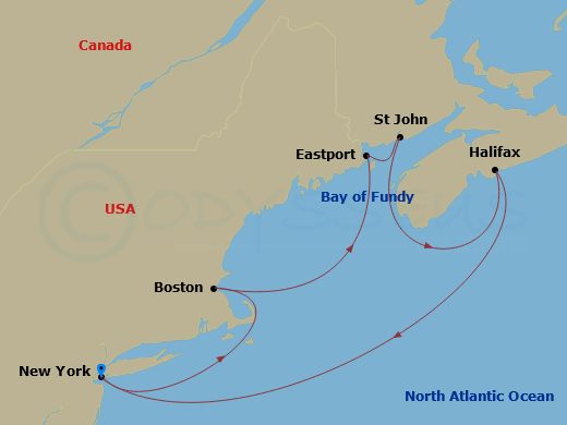 7 Night - Canada & New England with Saint John - Regal Princess - Starting in New York City (Manhattan or Brooklyn), New York, Boston, Massachusetts, Eastport, Maine, Saint John NB (Bay of Fundy), Halifax, Canada, New York City (Manhattan or Brooklyn), New York itinerary map