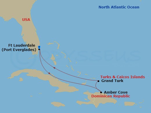 5 Night - Caribbean Getaway with Grand Turk - Ruby Princess - Starting in Fort Lauderdale, Florida, Amber Cove, Dominican Republic, Grand Turk, Turks and Caicos, Fort Lauderdale, Florida itinerary map
