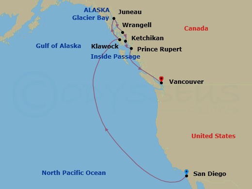 11 Night - California to Alaska : Shores, Fjords & Glaciers - Zaandam - Starting in San Diego, California, Klawock, Alaska, Juneau, Alaska, Glacier Bay National Park, Wrangell, Alaska, Ketchikan, Alaska, Prince Rupert, British Columbia, Canada, Scenic Cruising the Inside Passage, Vancouver, BC, CA itinerary map
