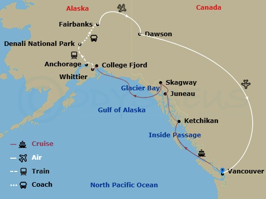17 Night - Denali & Yukon Y1c - Tour Y1c - Westerdam Tours - Starting in Vancouver, BC, CA, Scenic Cruising the Inside Passage, Ketchikan, Alaska, Juneau, Alaska, Skagway, Alaska, Glacier Bay National Park, College Fjord, Whittier, Alaska, Anchorage, Alaska, Denali National Park, Fairbanks, Dawson City, Vancouver, BC, CA itinerary map