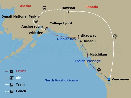 14 Night - Denali & Yukon Y2c - Tour Y2c - Westerdam Tours - Starting in Vancouver, BC, CA, Scenic Cruising the Inside Passage, Ketchikan, Alaska, Juneau, Alaska, Skagway, Alaska, Glacier Bay National Park, College Fjord, Whittier, Alaska, Anchorage, Alaska, Denali National Park, Dawson City, Vancouver, BC, CA itinerary map