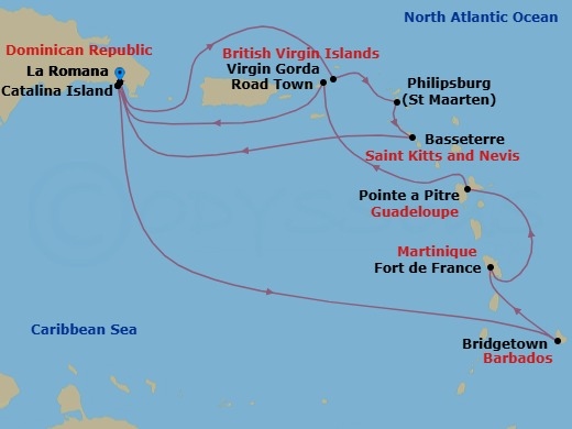 14 Night - South Caribbean - MSC Opera - Starting in La Romana, Dominican Republic, Samana Bay, British Virgin Islands, Virgin Gorda, British Virgin Islands, Philipsburg, St Maarten, Basseterre, St Kitts and Nevis, Catalina Sugar Beach, Dominican Republic, La Romana, Dominican Republic, Catalina Sugar Beach, Dominican Republic, Bridgetown, Barbados, Fort-de-France, Martinique, Pointe-A-Pitre, Guadeloupe, Road Town (Tortola), British Virgin Islands, La Romana, Dominican Republic itinerary map