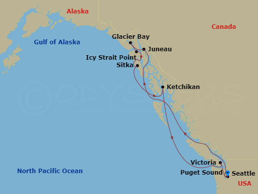 7 Night - Alaska Explorer - Eurodam - Starting in Seattle, Washington, Puget Sound, Scenic cruising Stephens Passage, Juneau, Alaska, Glacier Bay National Park, Icy Strait Point, Alaska, Sitka, Alaska, Ketchikan, Alaska, Victoria CA, Canada, Seattle, Washington itinerary map